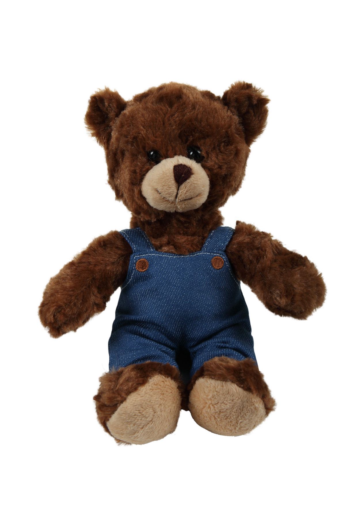 soft plush  Chocolate Curly Sitting Bear in denim overall
