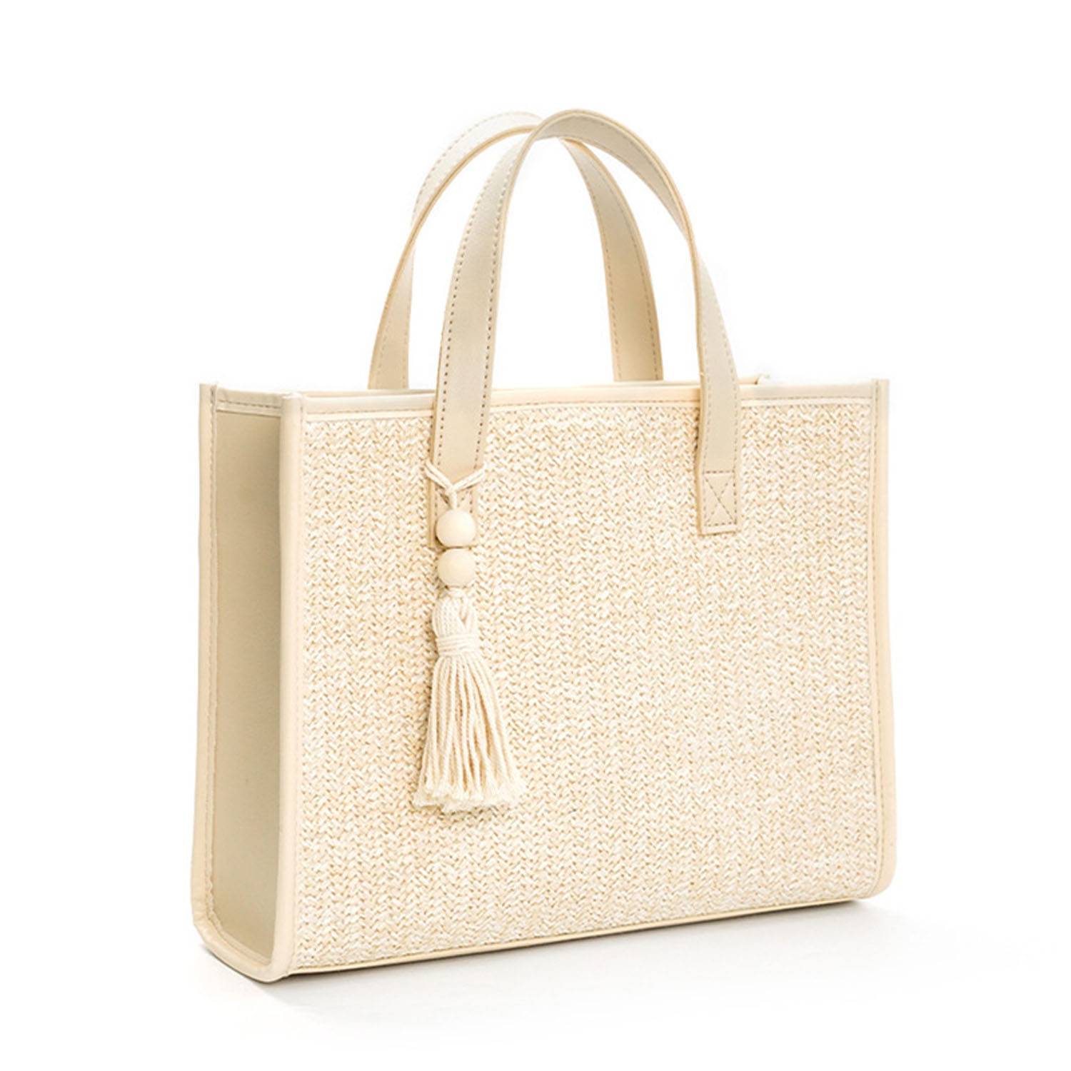 Lightweight Woven Tote Bag w/ PU Leather Handles 1
