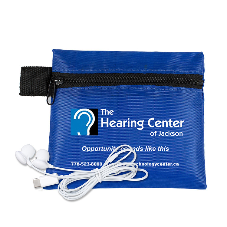 Mobile Tech Earbud Kit In Zipper Pouch Components inserted into Polyester Zipper Pouch 18