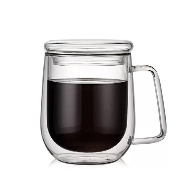 Double Wall Glass Coffee Mug w/ Glass Lid & Spoon 10 oz 2