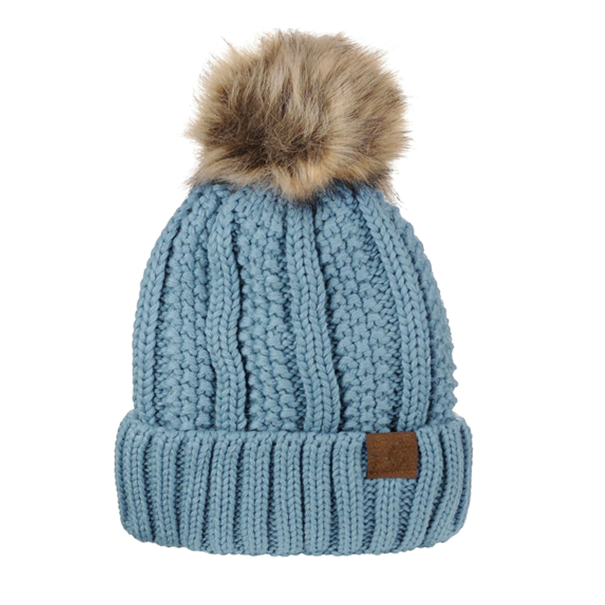 Thick Cable Knit Beanie with Faux Fur Pom & Fleece Lining 1