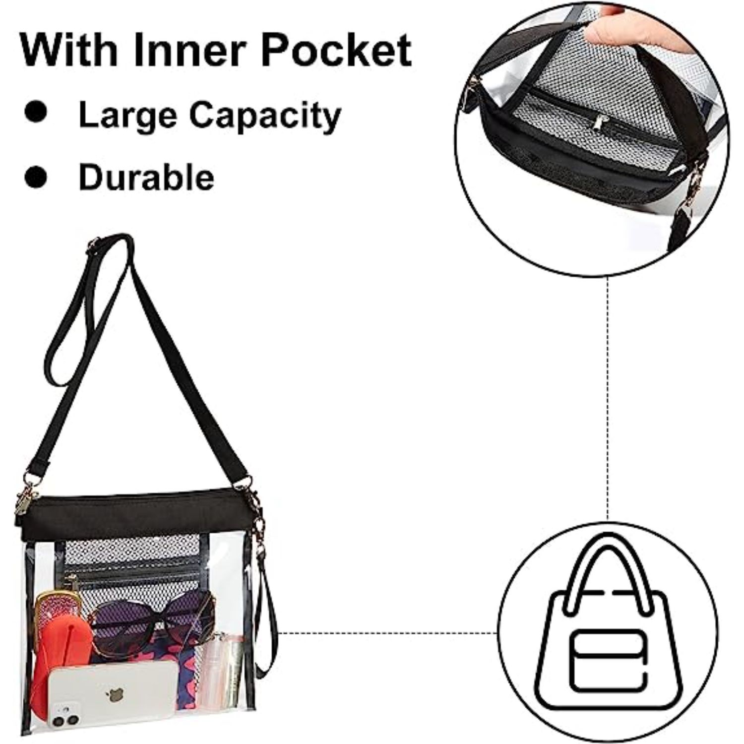 Clear Purse Handbag PVC Crossbody Bag with Inner Mesh Zip Pocket 4