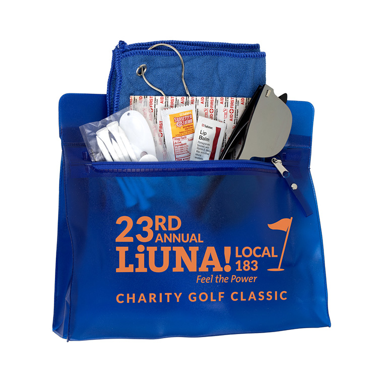 "LAYOVER" 16 Piece Golf Kit in Travel Pack with Components inserted into Zipper Kit 18