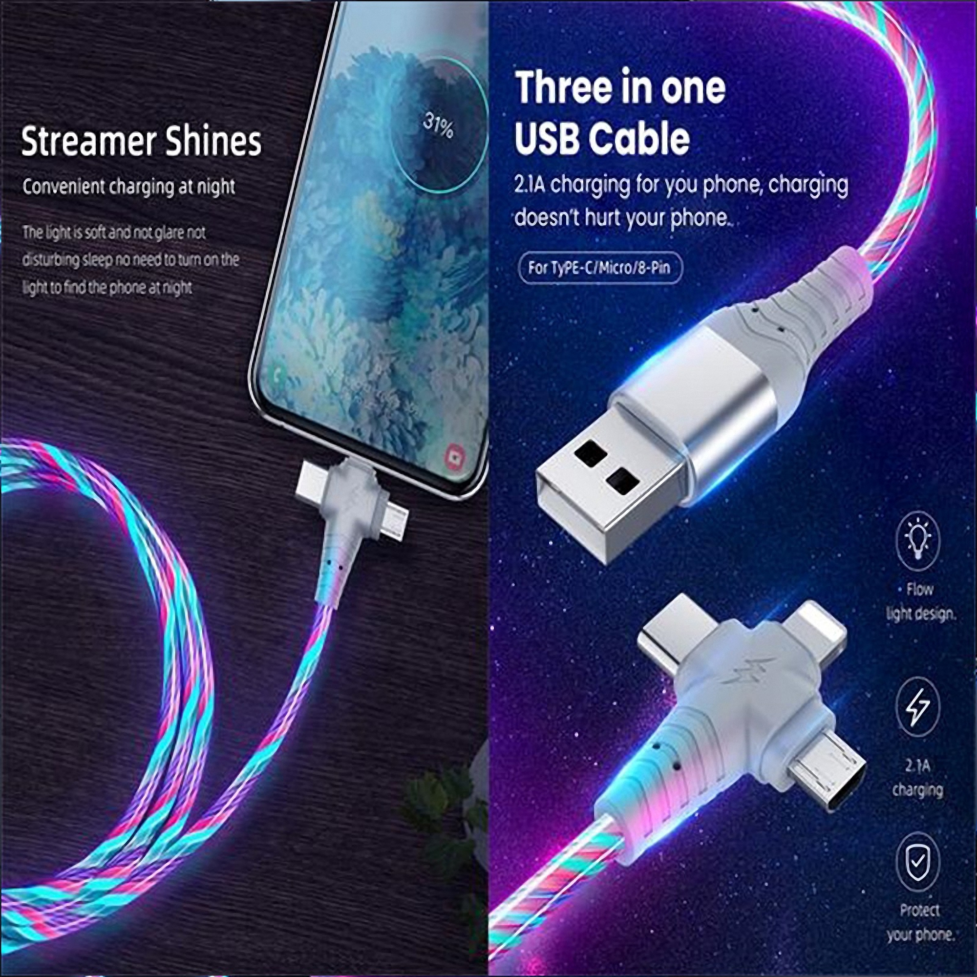 3" 1 Glowing USB Charging Cable 5