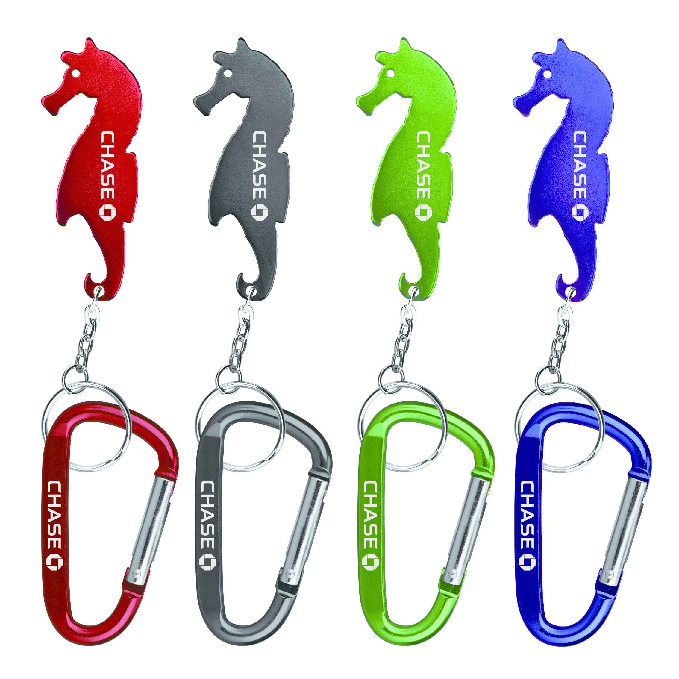 Sea horse shaped bottle opener with key chain & carabineer