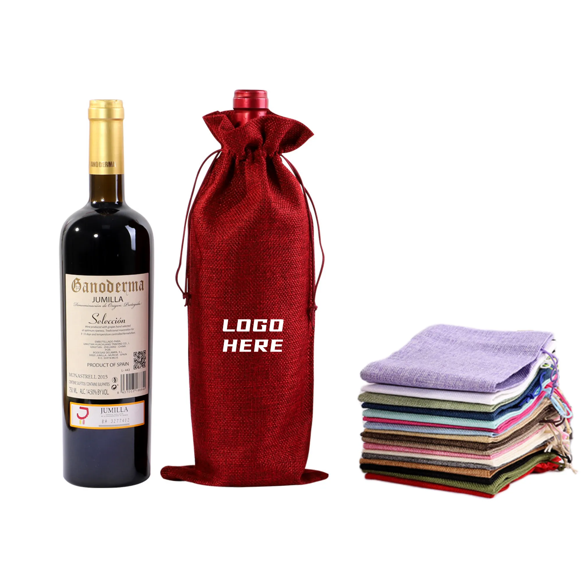 Full Color Drawstring Linen Wine Bottle Bag 3