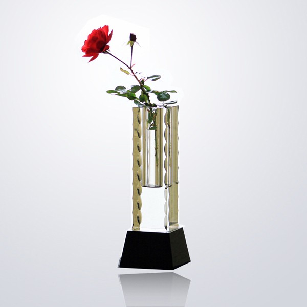 Optical Crystal/Glass Vase on Black Base with Sandblast-Deep Etch Engraving 2