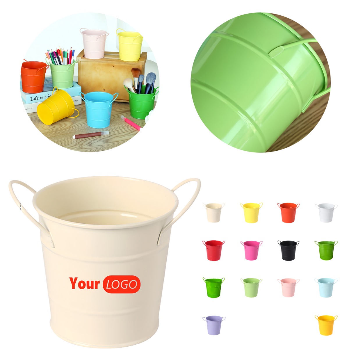 Bucket-shaped Double-handle Iron Pen Holder 3