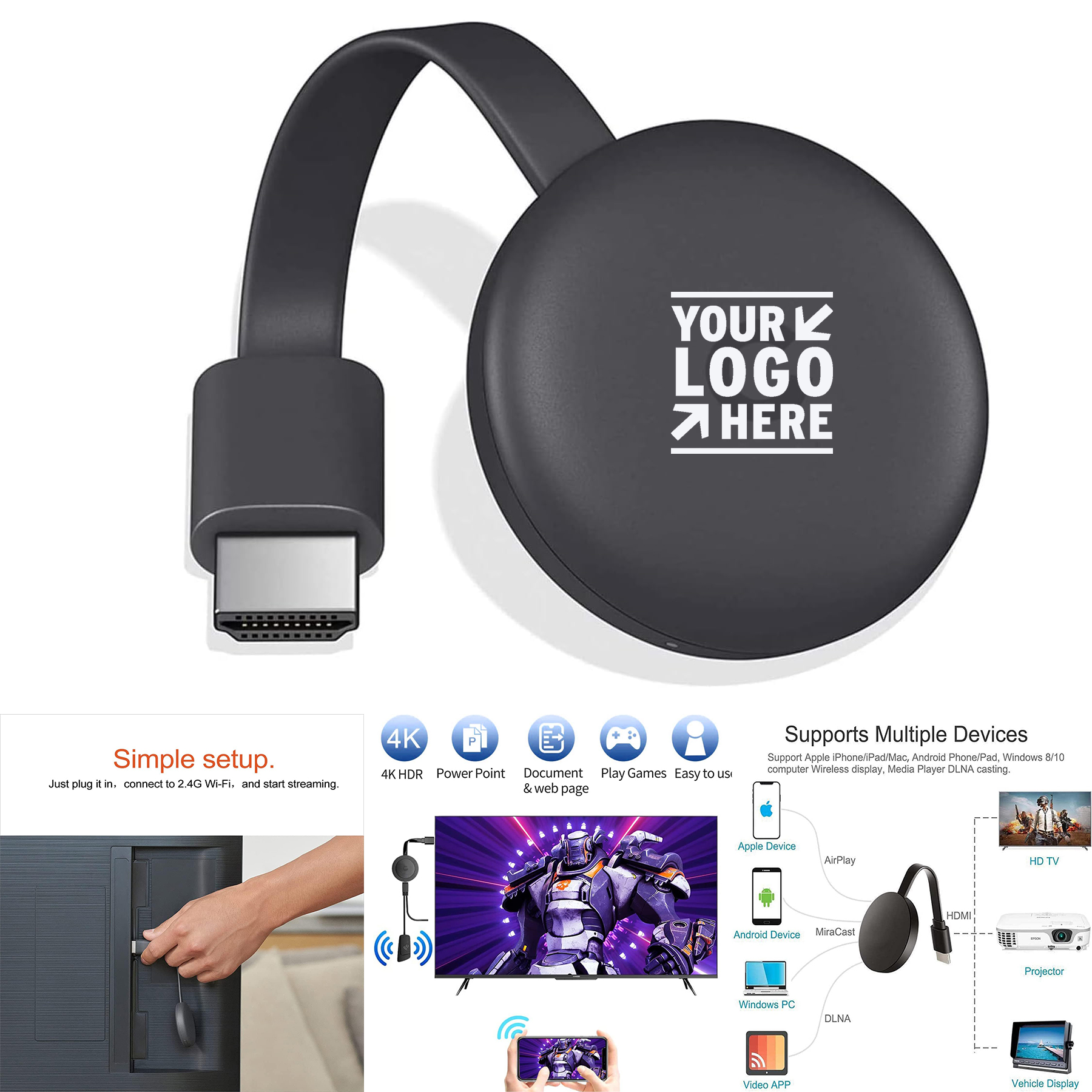 4K 1080P WiFi Streaming Movies HDMI Display Dongle Adapter Live TV Receiver from Phone PC 2