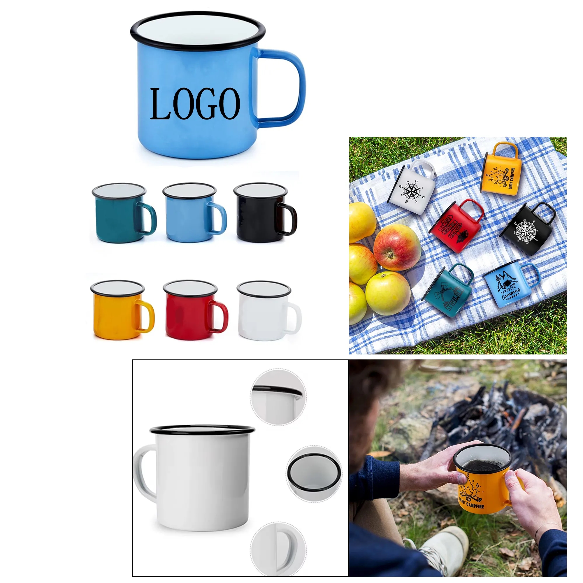 Blue and White Dot Logo Custom Metal Enamel Mug 12