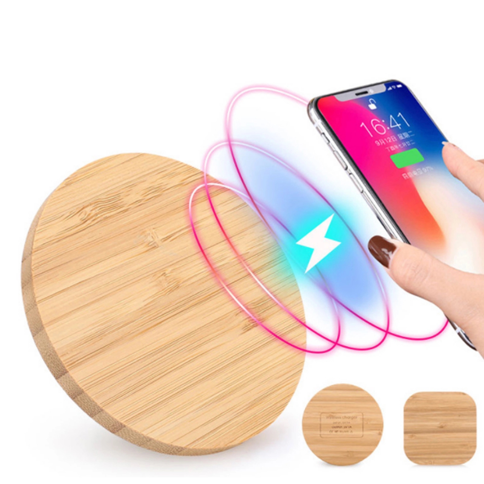 Round Bamboo 5W Wireless Charger with Dual USB Ports 5
