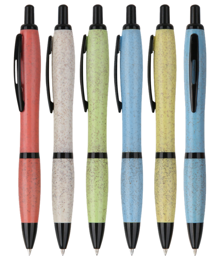 Eco Friendly - Click Action Pen - Solid Colored Wheat Straw Barrels with Grip and Black Metal Clip 2