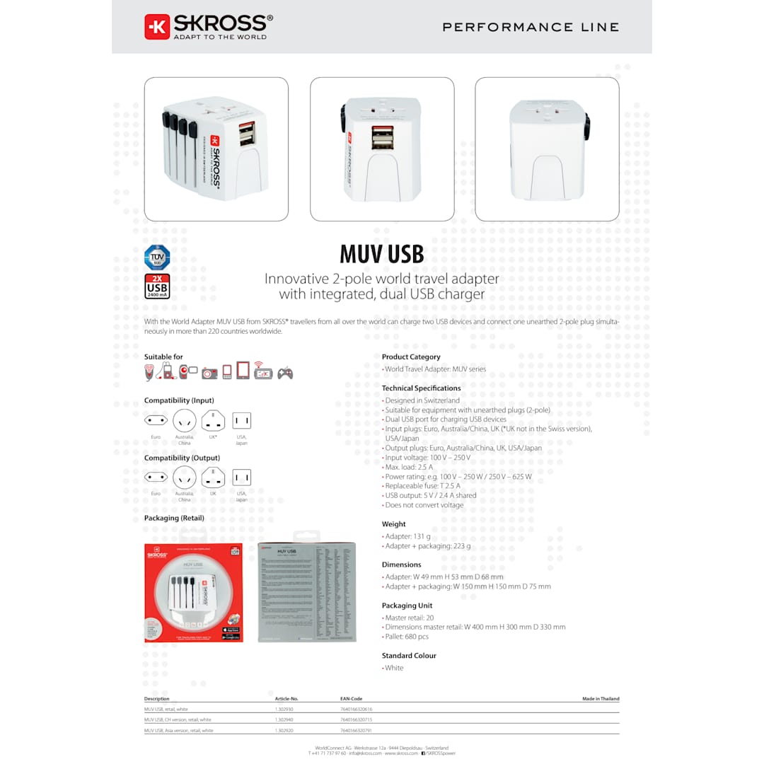SKROSS World Travel Adapter MUV USB Type A & Type 48