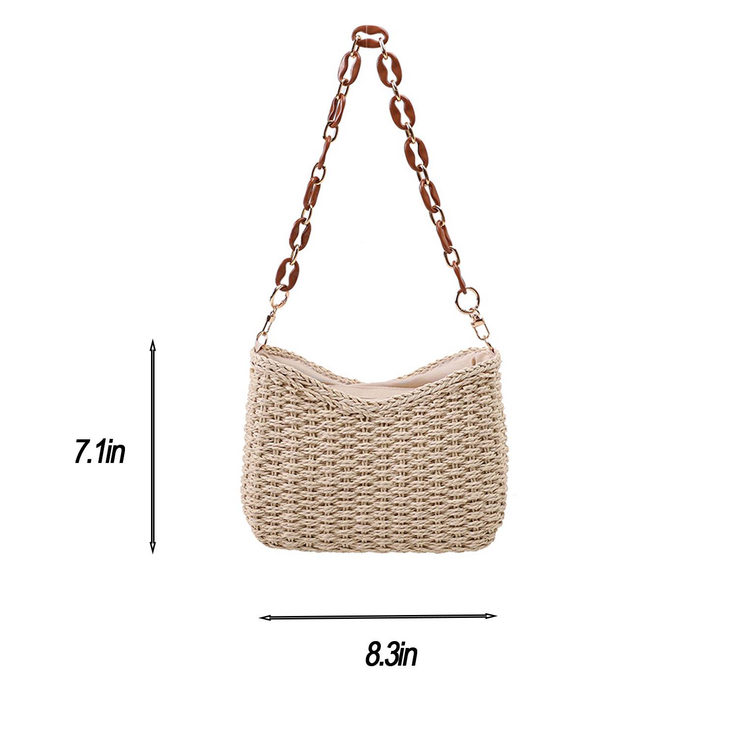 Straw Woven Shoulder Bag Handbag w/ Chain for Beach Travel 5