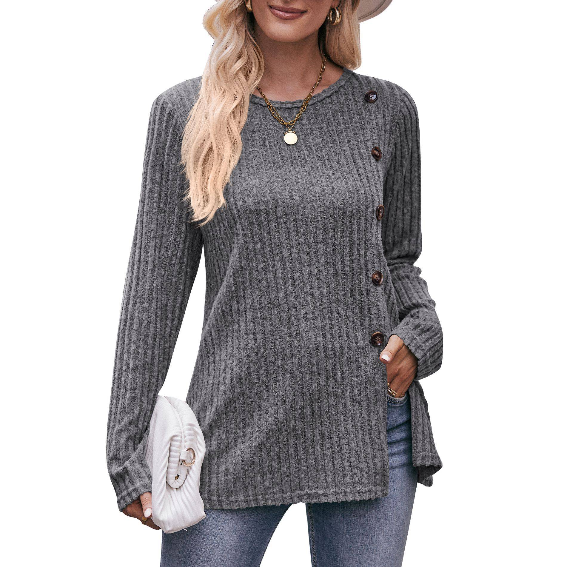 Women's solid color slit button T-shirt 11