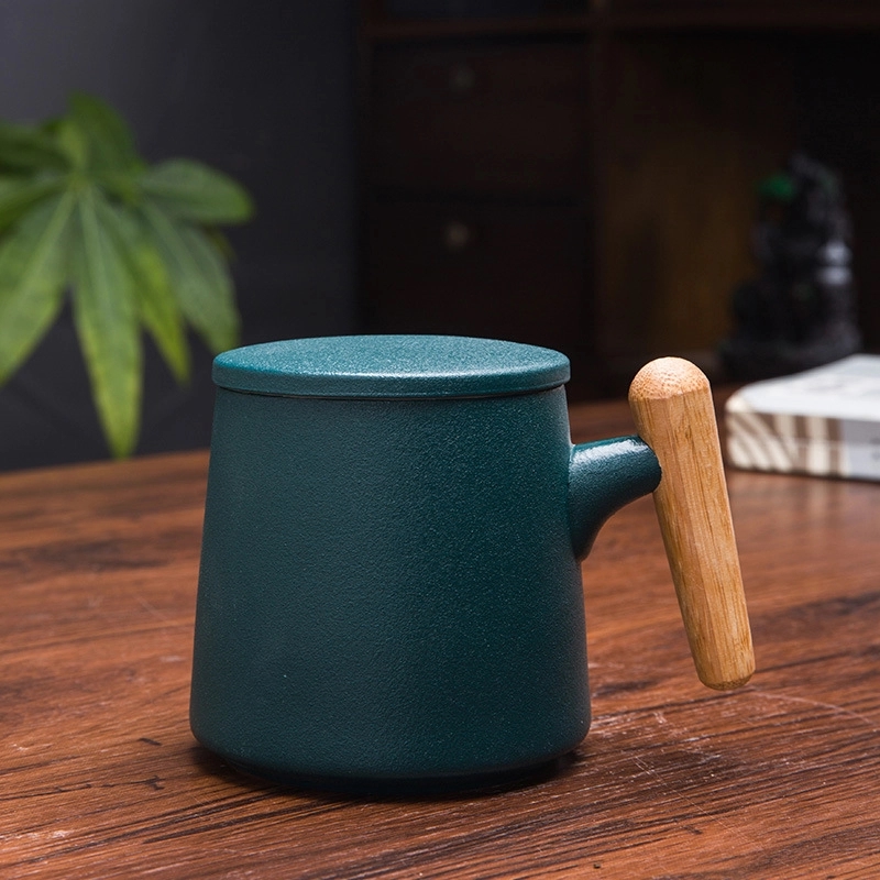 Custom 13.5oz bamboo handle ceramic mug with strainer 11