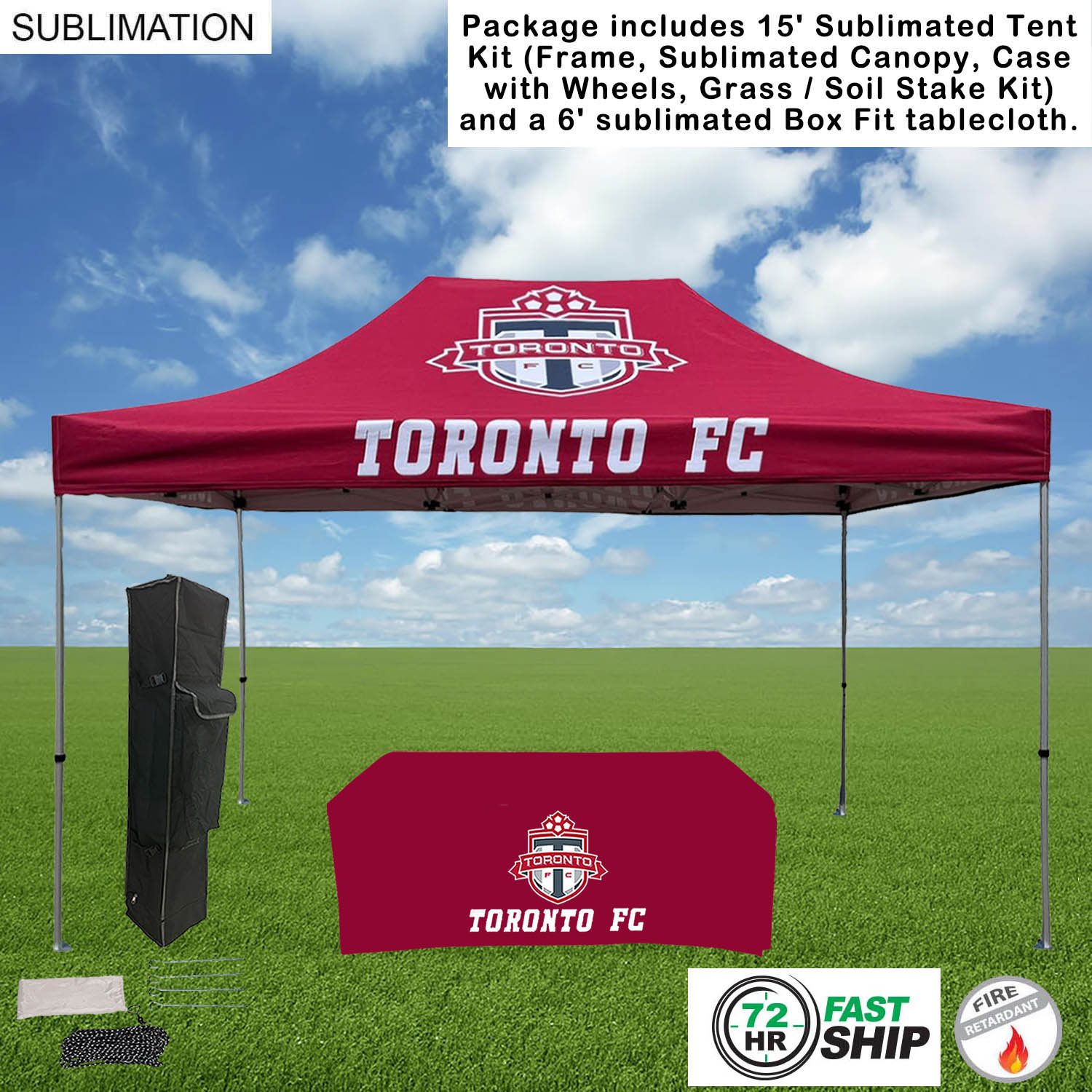 72Hr Fast Ship - Event Package, 15' Tent Kit and 6' Sublimated Box Fit Tablecloth (Best Seller) 15
