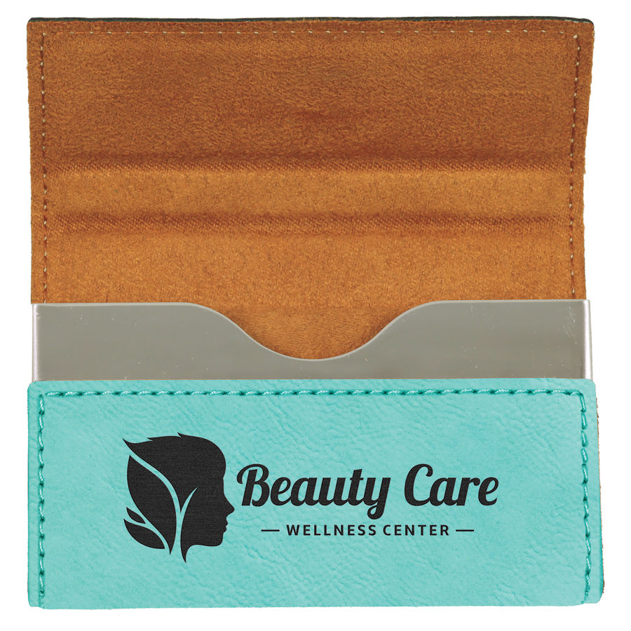 3 3/4" x 2 3/4" Teal Leatherette Hard Business Card Holder 2