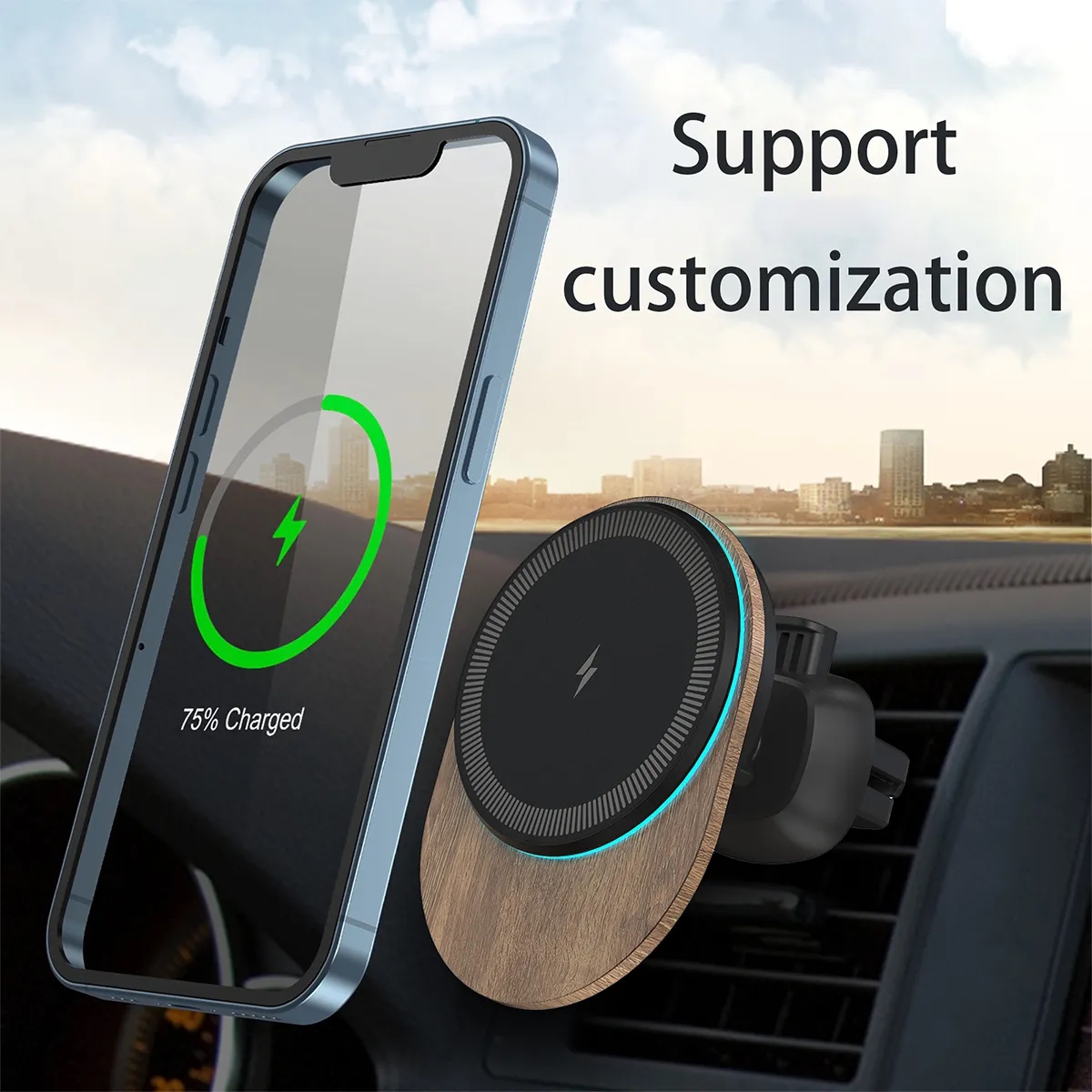 15W Bamboo Wood Magnetic Wireless Charger Car Phone Holder 5