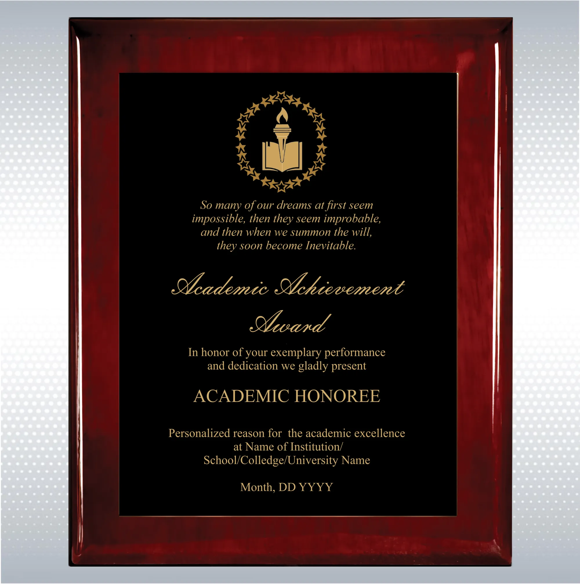 Rosewood Piano Finish Wood Plaque Academic Achievement 13