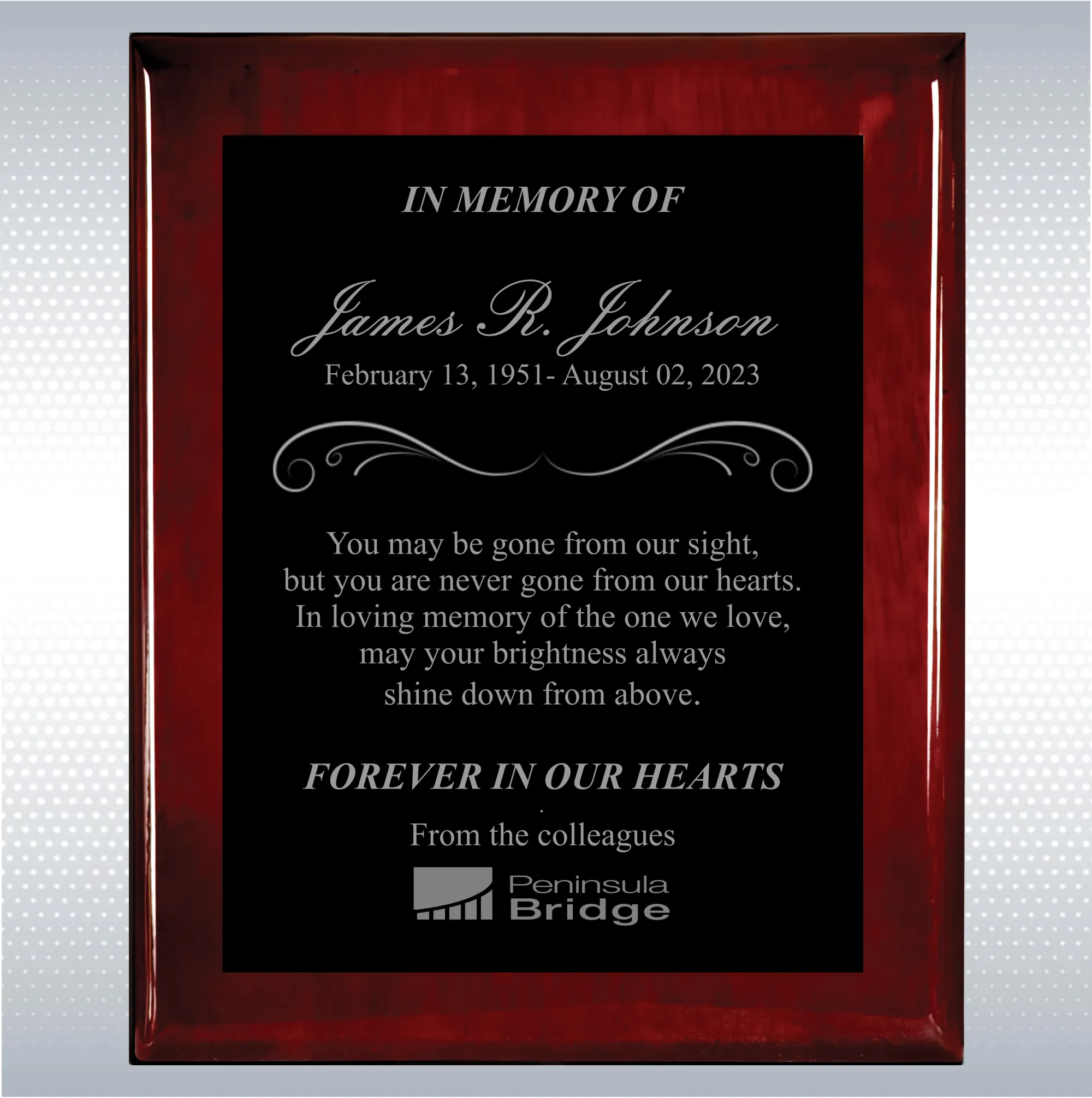 Rosewood Piano Finish Wood Personalized Memorial Plaque Gift 21