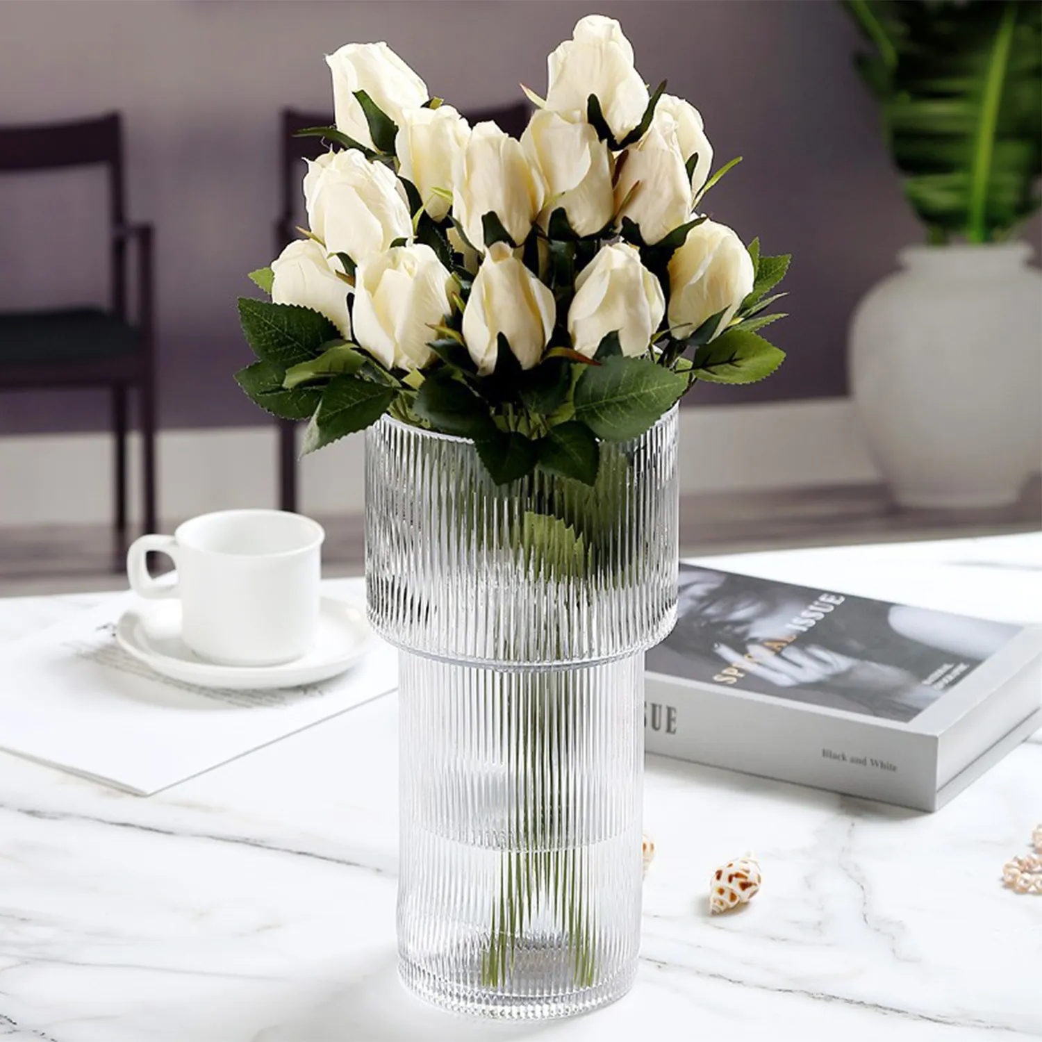 Modern Ribbed Large Cylinder Clear Glass Flower 3
