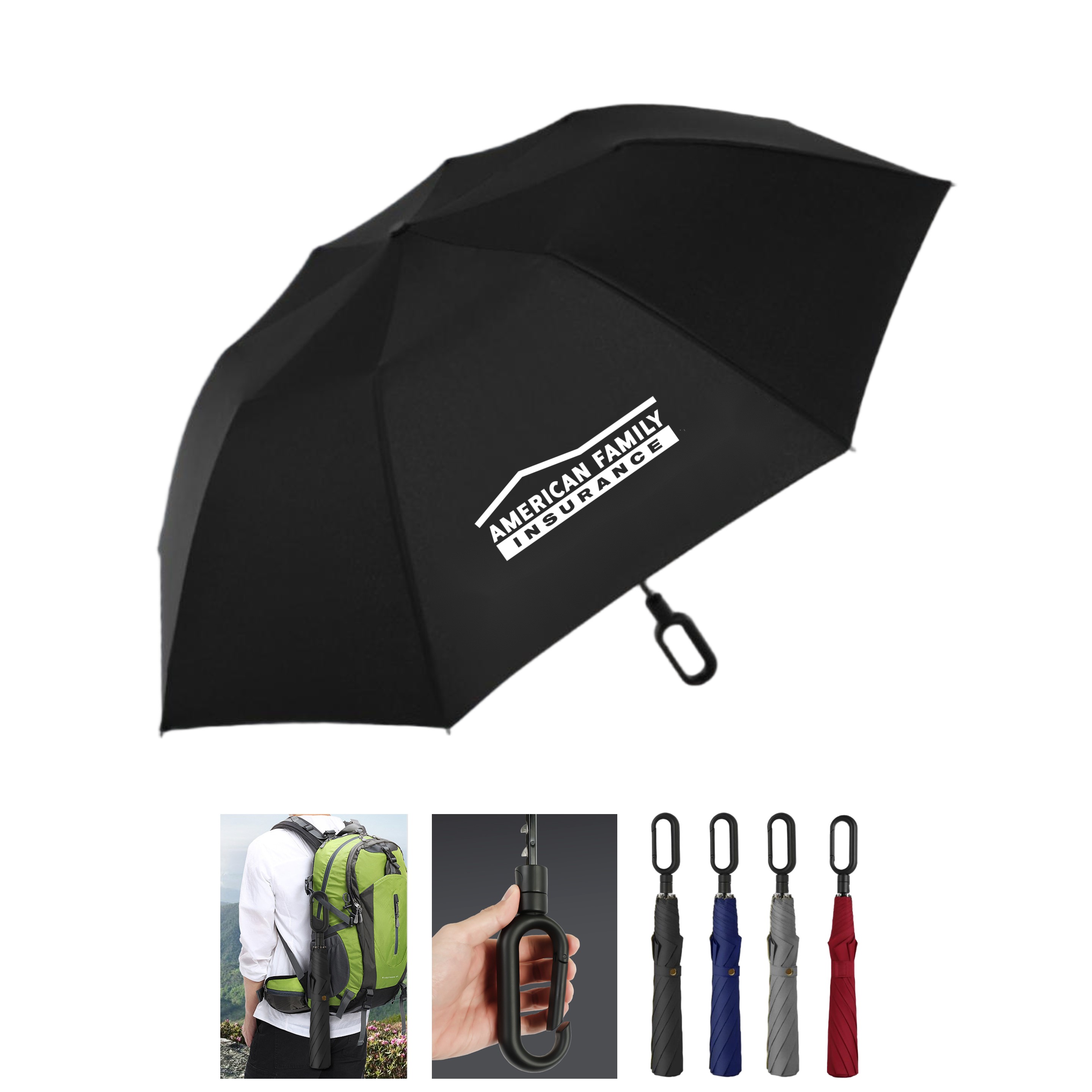 45" Auto Open Compact Umbrella with Carabiner Handle 4