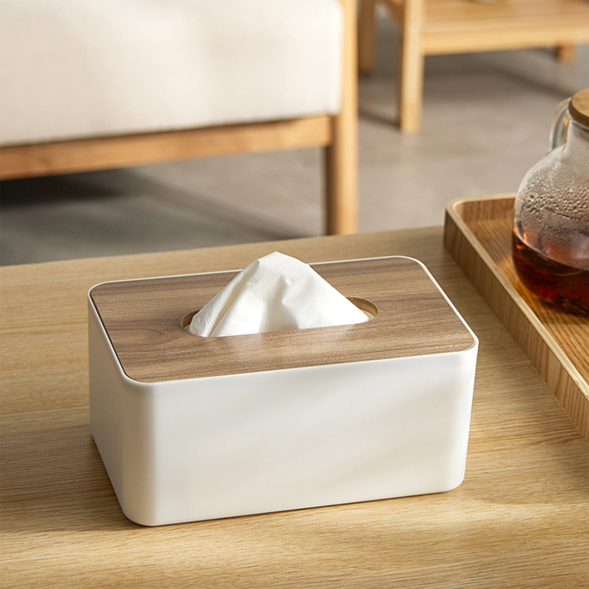Plastic Tissue Box With Wood Lid 1