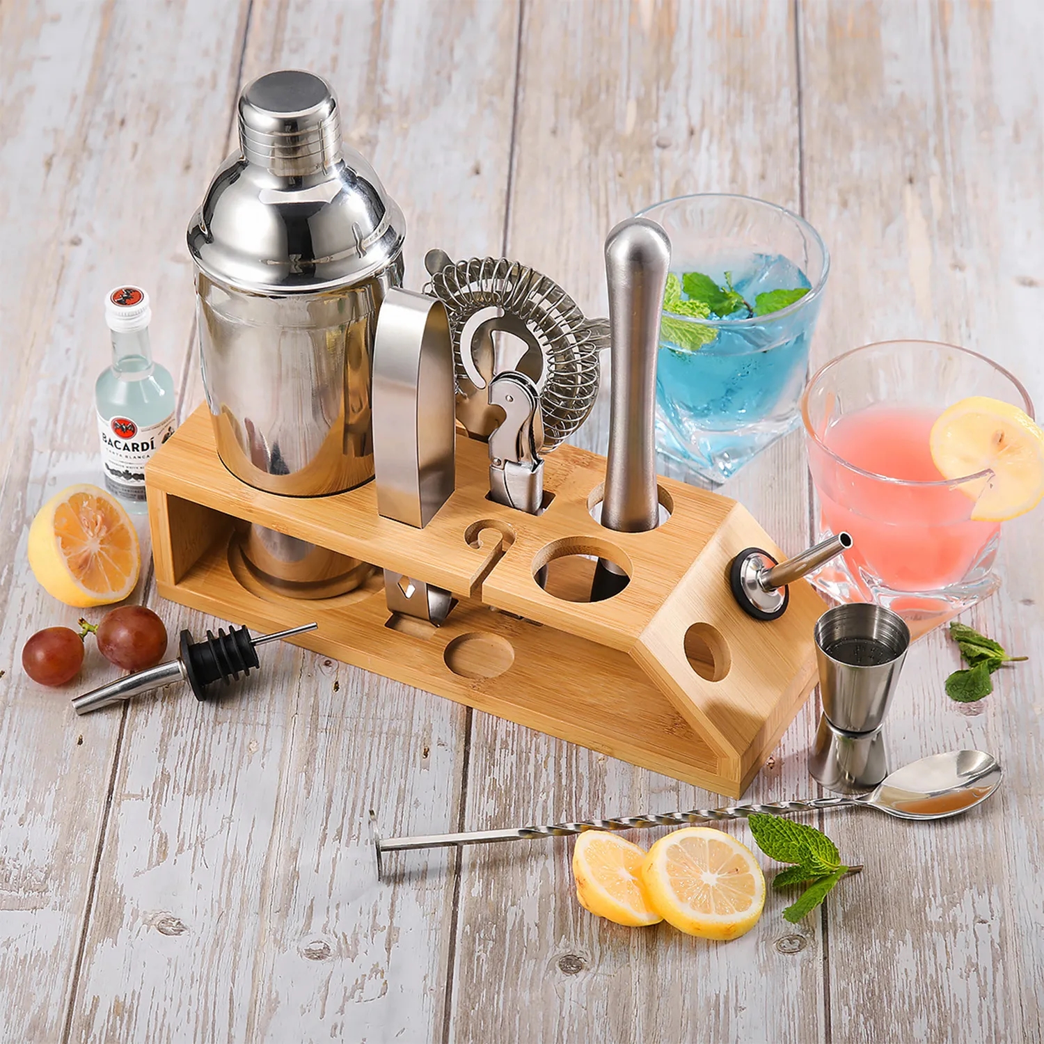 11 pcs Bartender Set Drink Cocktail Shakers wt Bamboo Stand 1