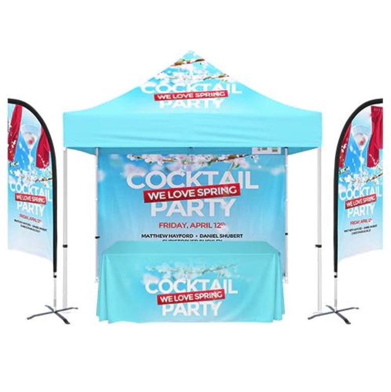 Trade Show Booth PACKAGE 5 10' Canopy Tent + 6' Table Throw 3-Sided+ 12' Double Side Flag+Back Wall