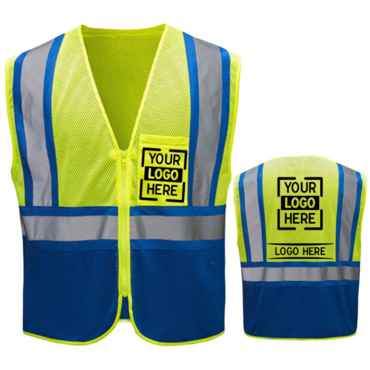 Reflective Class 2 Mesh Blue Bottom Safety Vest With Pockets 6