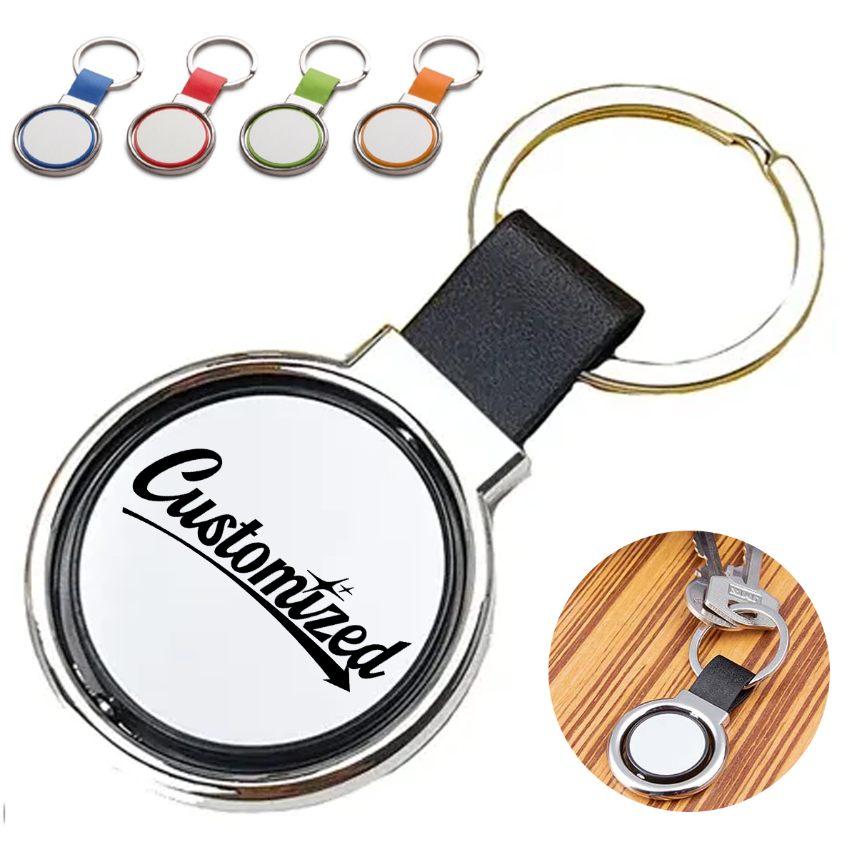 Round Metal Keychain with Leather Strap 1
