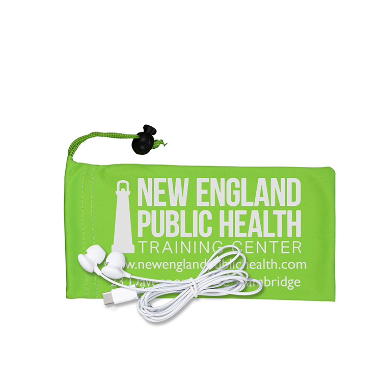 Mobile Tech Earbud Kit in Microfiber Cinch Pouch Components inserted into Microfiber Pouch 16