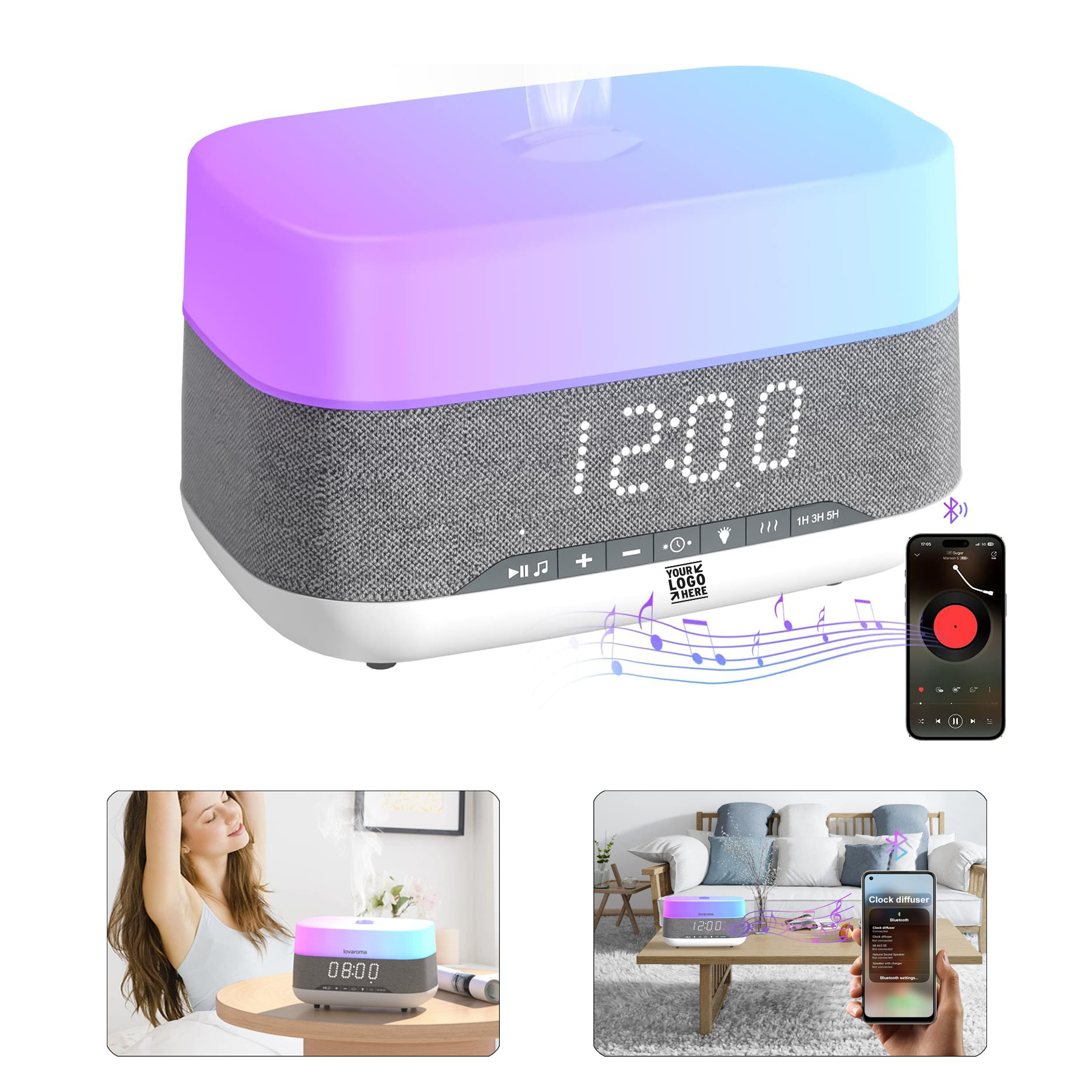 5 Timer Bluetooth Speaker Alarm Clock Cool Mist Humidifier Home 300ml Essential Oil Aroma Diffuser