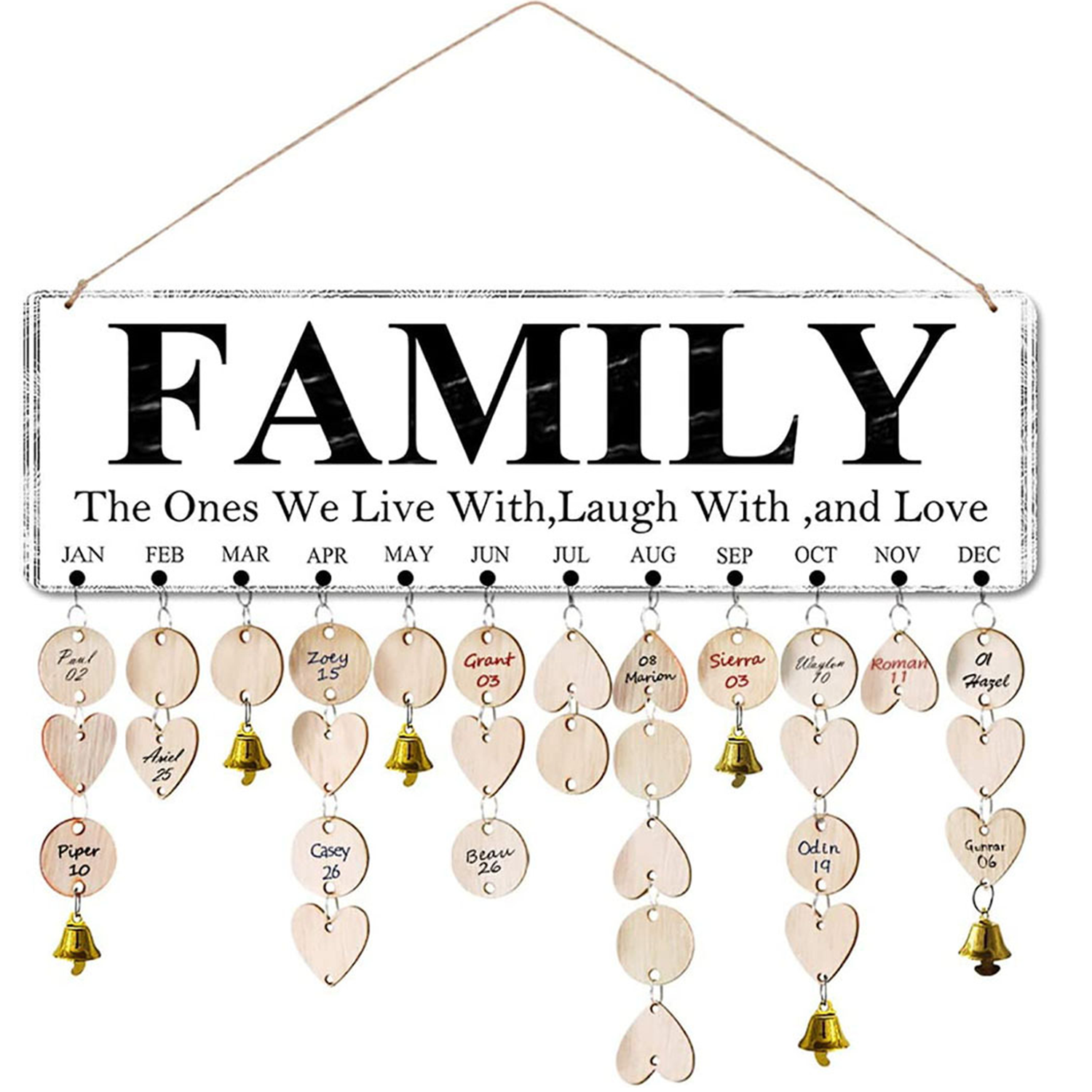 Wooden Hanging Family Birthday Calendar Board w/ Bells 6
