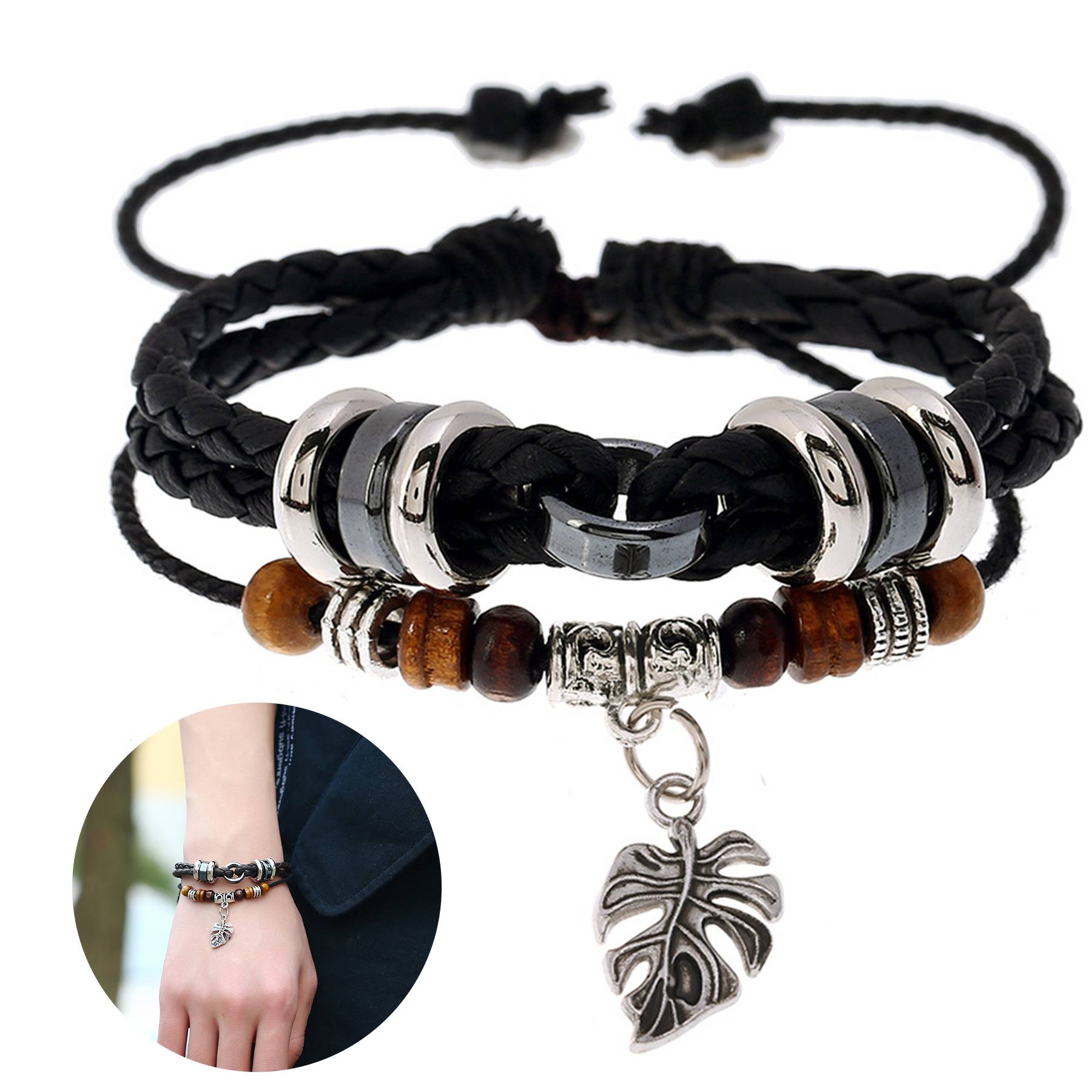 PU Multi-layered woven leaf pendant men's bracelet 6