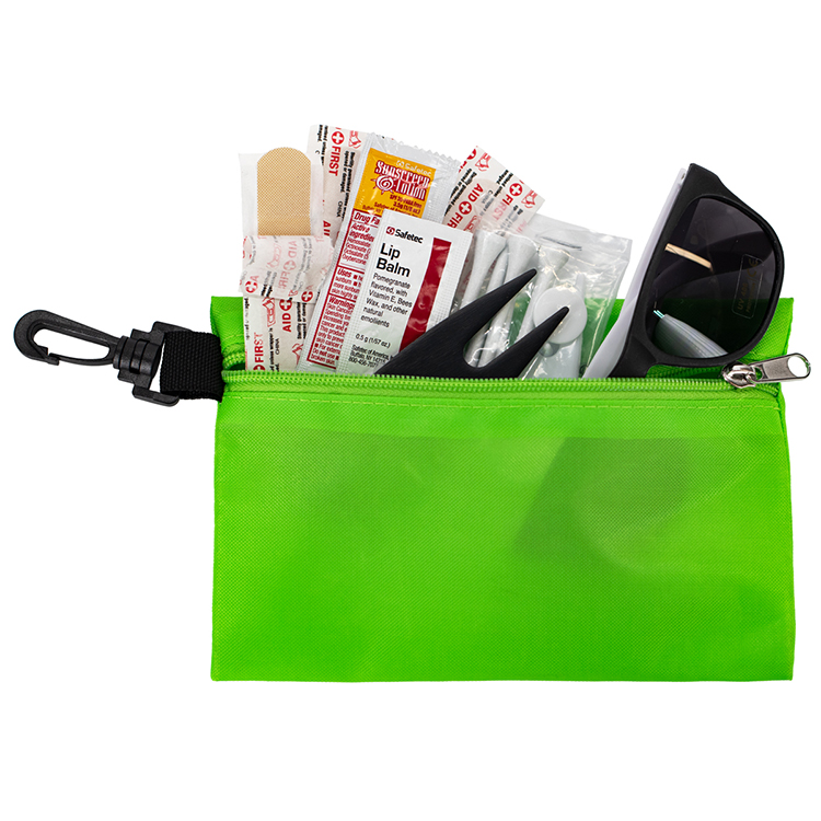 "CHIP 16" 16 Piece Golf Kit in Supersized Zipper Pack Components inserted into Zipper kit with Carab 15