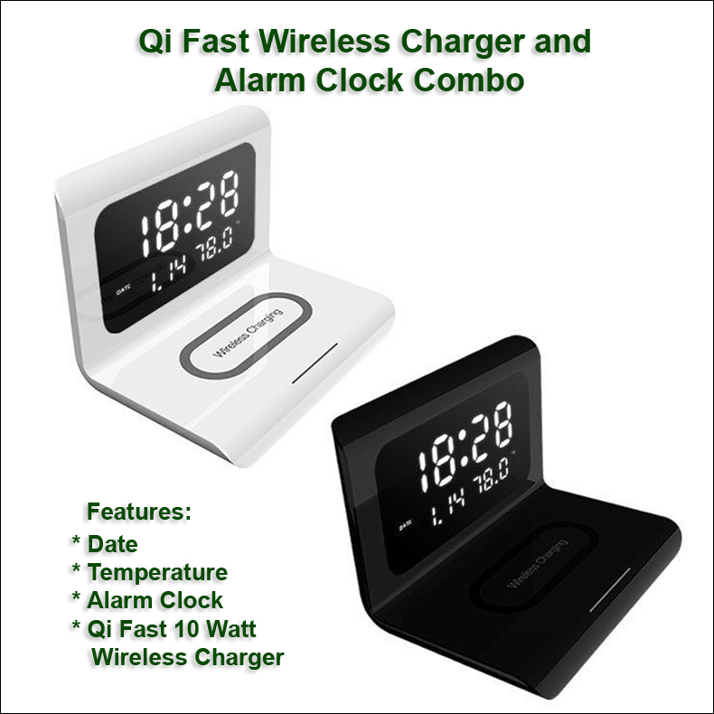 Qi Fast Wireless Charger and Alarm Clock Combo