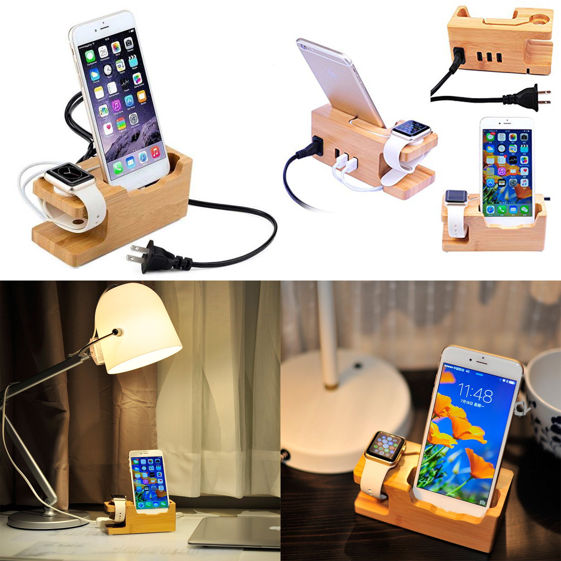Bamboo Wood Desktop 3 USB HUB Charging Dock Station