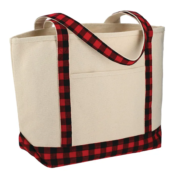 Plaid Cotton Boat Tote, custom tote bag with logo imprint 5