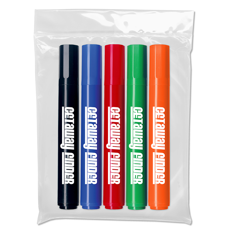 Five Pack of Chisel Tip Permanent Markers in a Plastic Pouch - USA Union Made