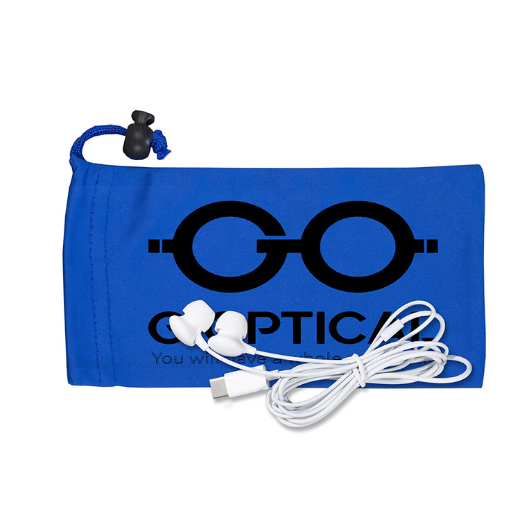 Mobile Tech Earbud Kit in Microfiber Cinch Pouch Components inserted into Microfiber Pouch 12