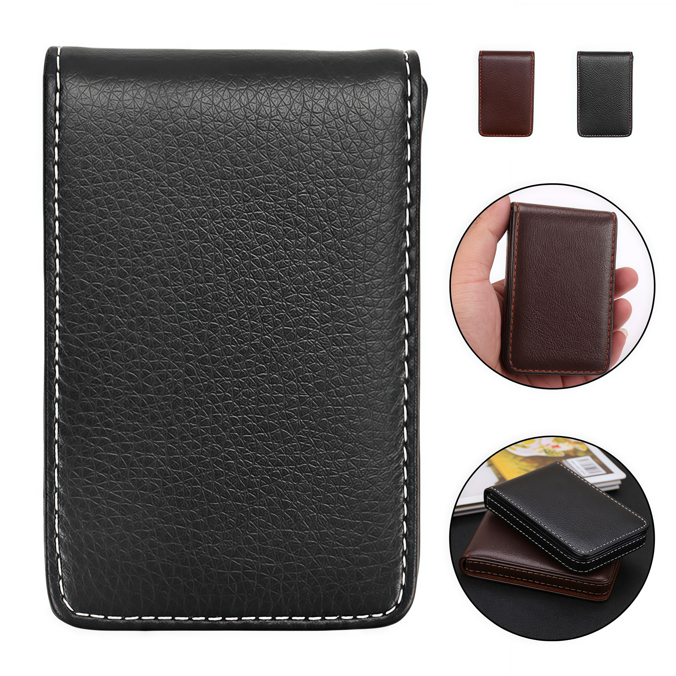 Genuine Leather Short Business Card Holder Vertical Style with Magnetic Closure. 3