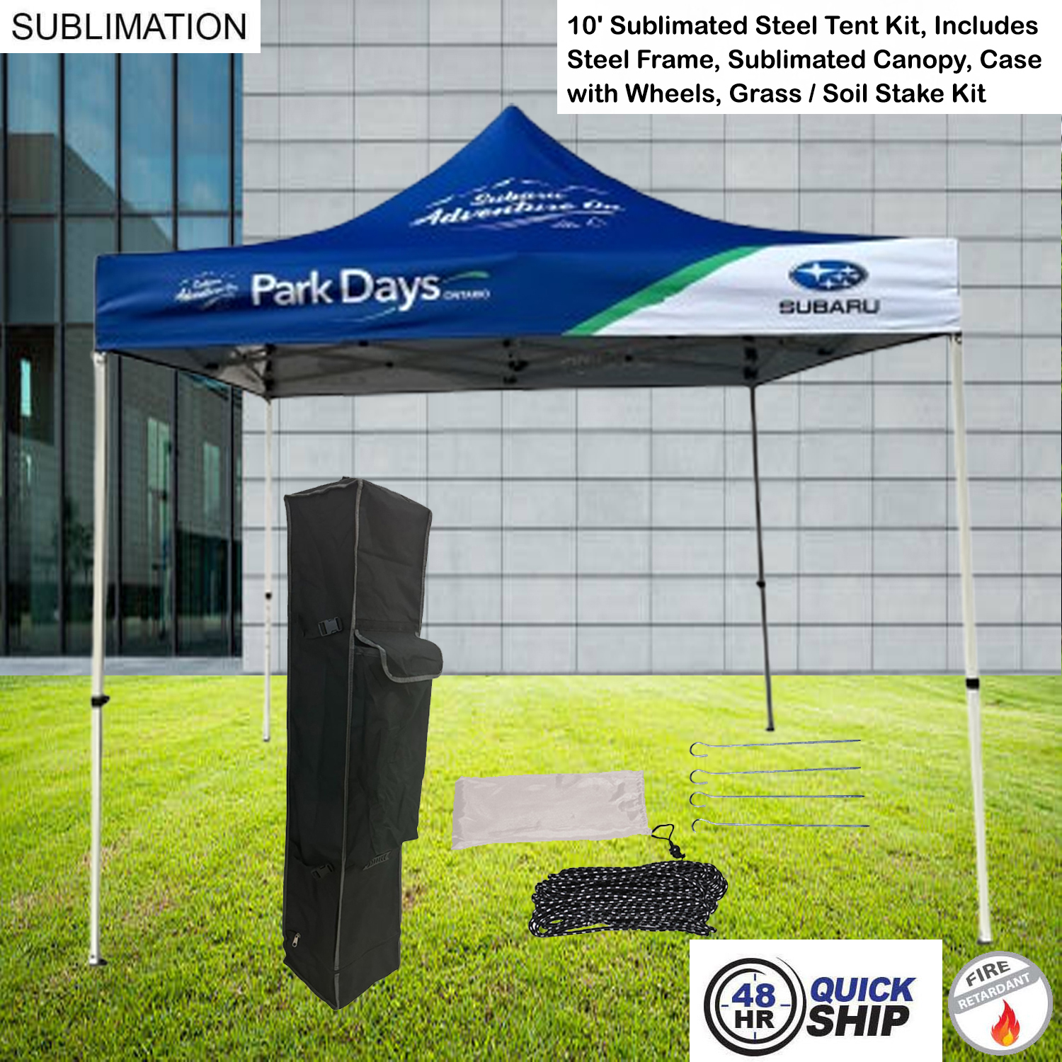 48Hr Quick Ship - 10' Steel Tent Kit, Includes Steel Frame, Sublimated Canopy, Case, Grass Stake Kit 2