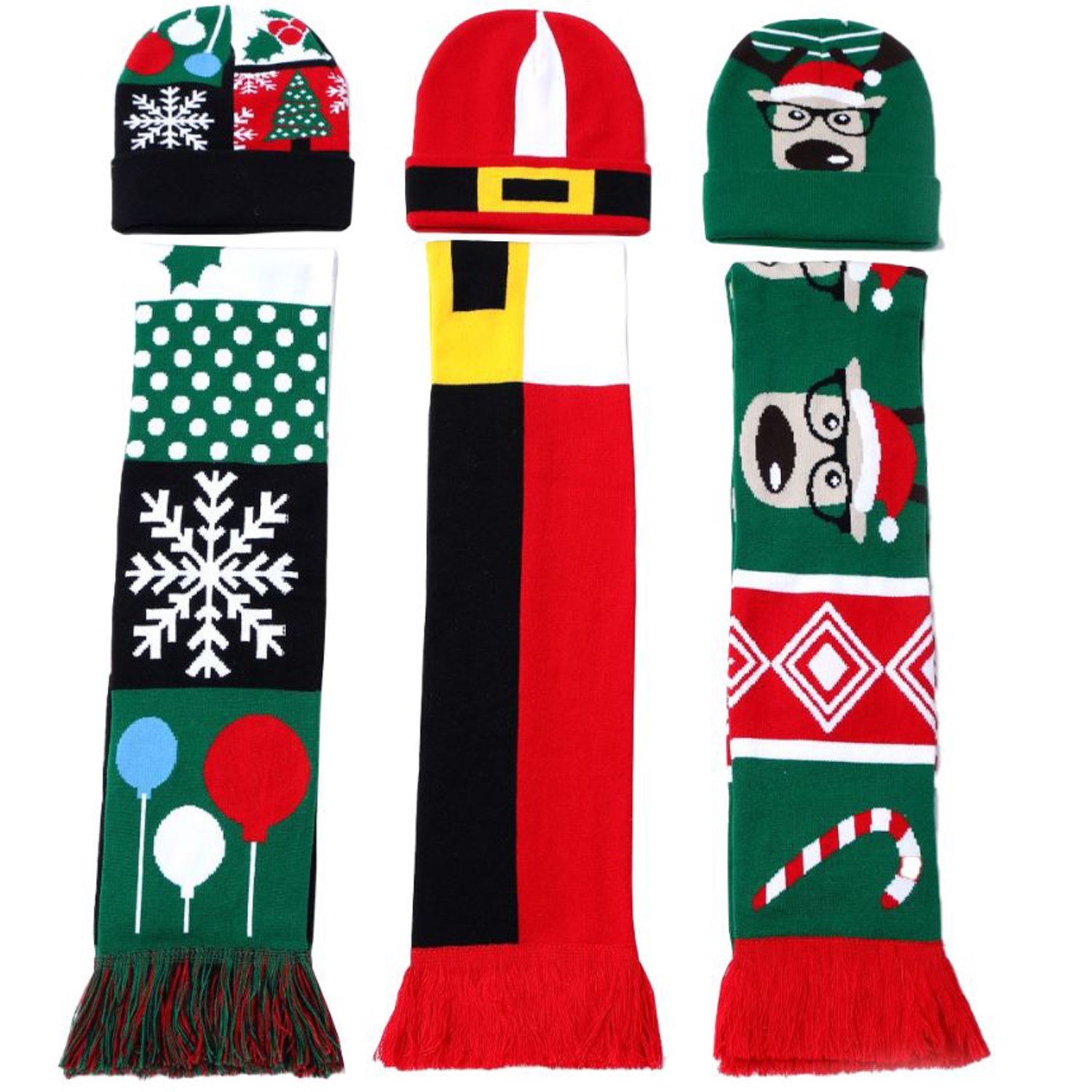 Set of Knitted Cuffed Beanie & Woven Scarf w/ Tassel