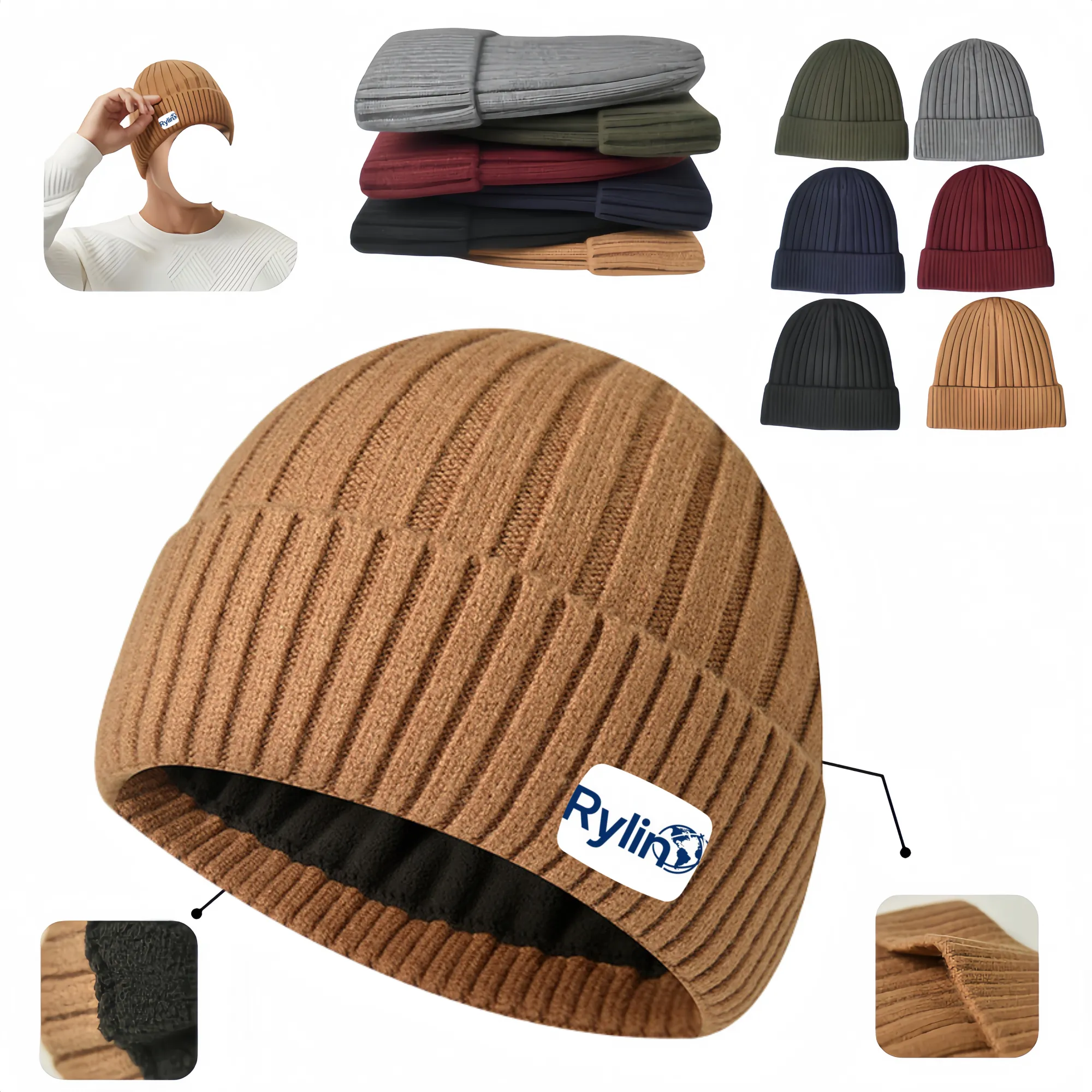 Fleece Lined Knitted Winter Earmuff Solid Wool Pullover Hat