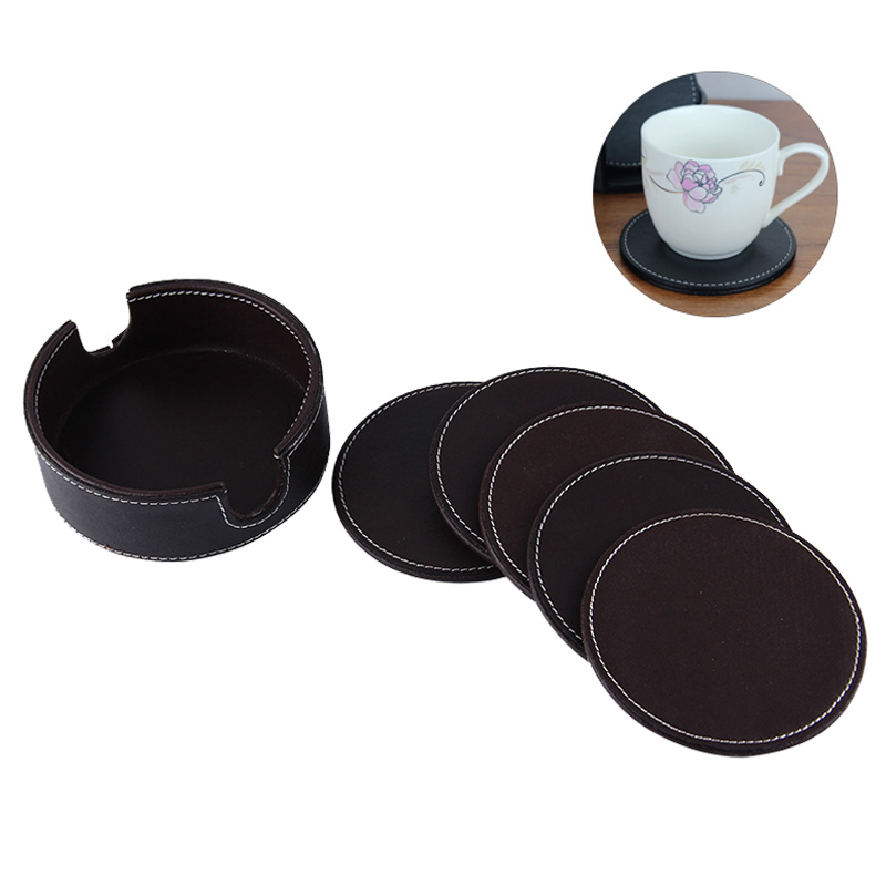 Round PU Leather Coaster Set Of 6 2