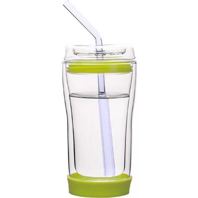 Double Wall Glass Juice Cup w/ Glass Lid & Straw 10 oz 2