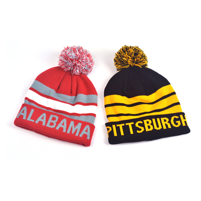 Knitted Acrylic Pom Beanie Hat With Cuff 2