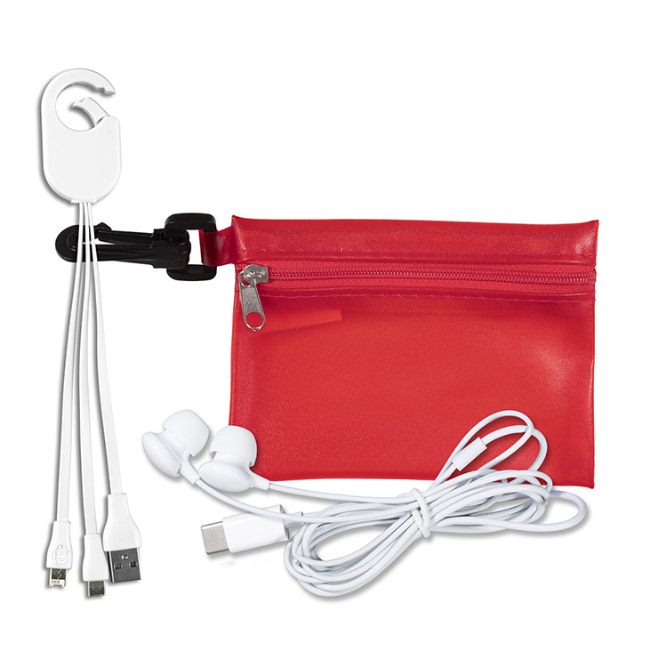 "Cambell" Mobile Tech Earbud and Charging Cables Kit In Translucent Carabiner Zipper Pouch 1